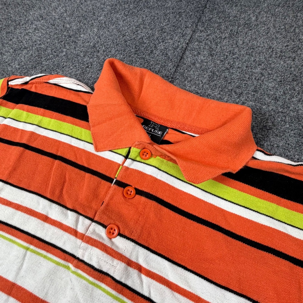 Refuse Mens XL Polo Shirt Orange White Green Black Striped Short Sleeve Pique